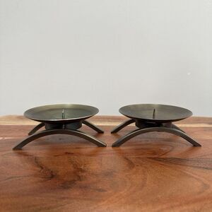 2- Pillar Candlestick Holder 4.5" Bronze Metal Brutalist MCM Modern Art Abstract